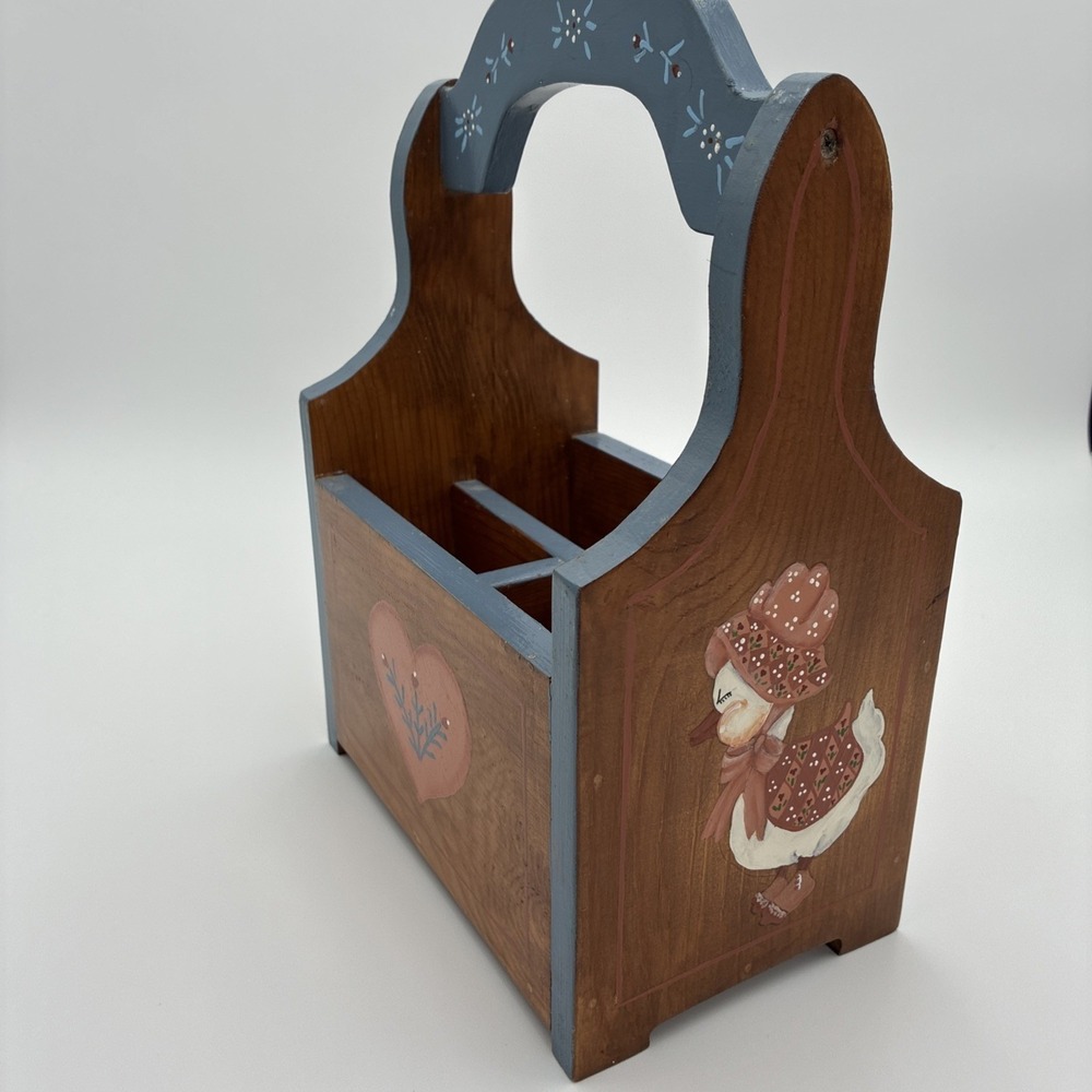 Vtg Hand Painted Wooden Caddy Folk Art Heart Duck Country‎ craft Organizer Blue